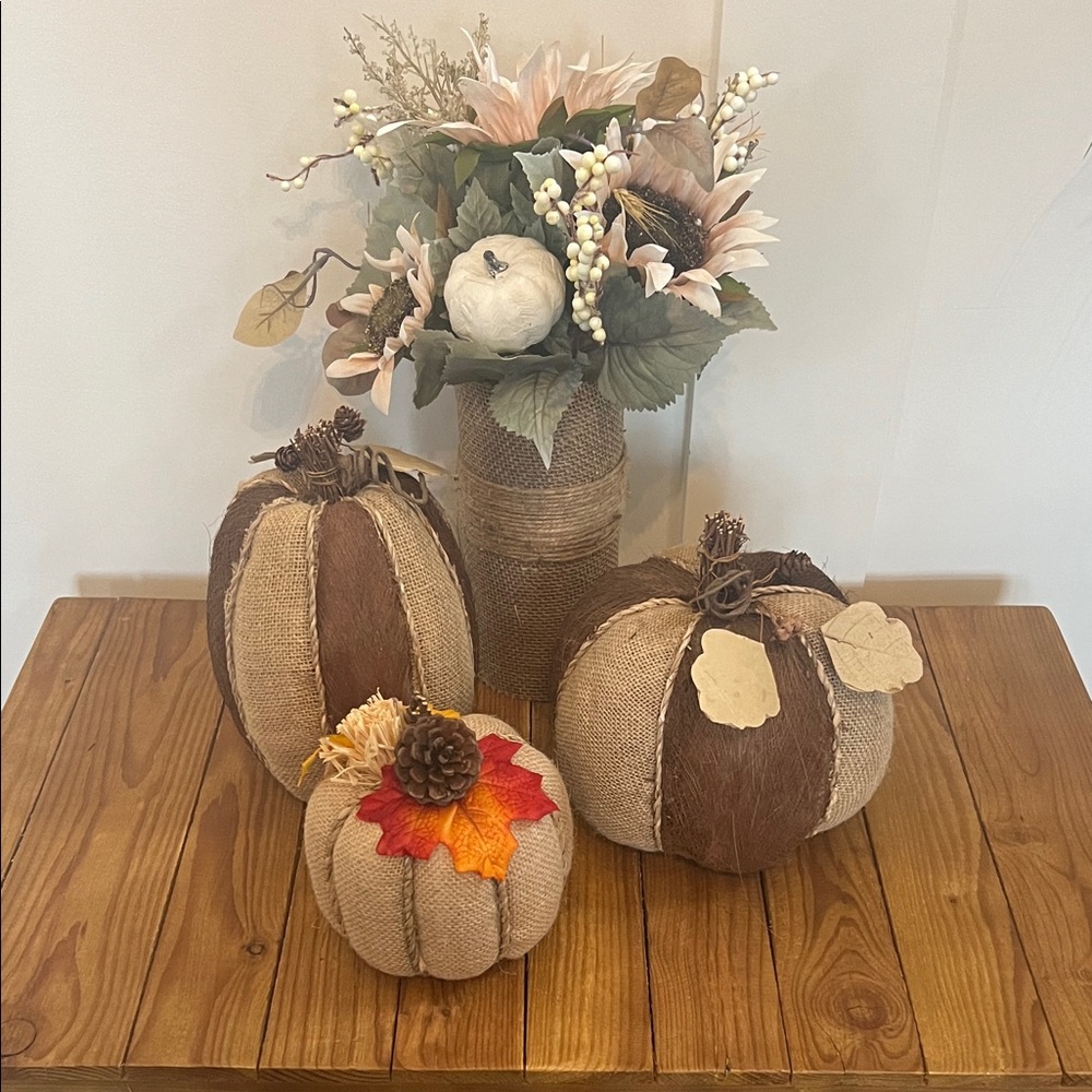 LG Rustic Burlap Pumpkin and Floral Arrangement